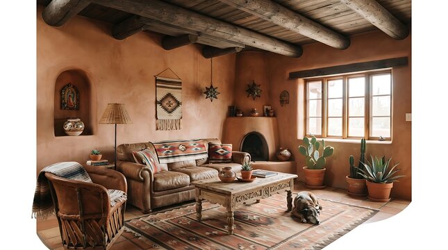 Southwestern living room interior with adobe walls, rustic wooden ceiling beams and kiva fireplace, cozy desert home aesthetic with ethnic decor