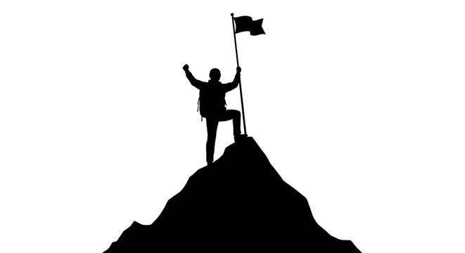 Successful hiker standing on mountain peak with a flag