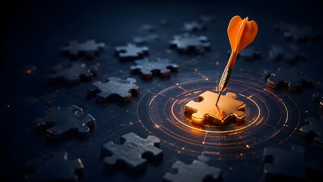 Orange dart hitting glowing central puzzle piece on digital motherboard background representing precise tech strategy and targeted solution