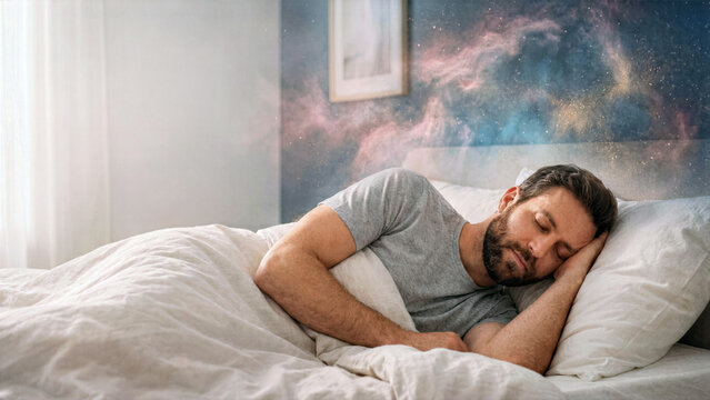 Serene man sleeping in comfortable bed with creative background dissolving into deep space with pastel nebulas