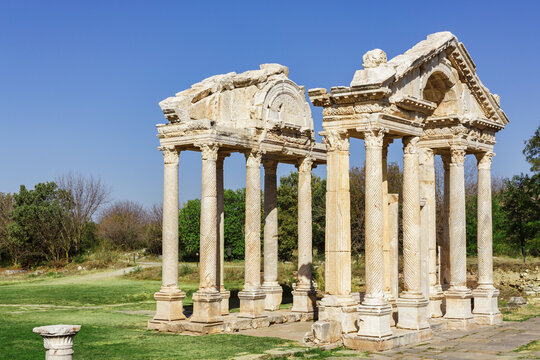 Tetrapylon gate ruins of the Temple of Aphrodite in Aphrodisias, Geyre, Turkey