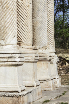 Detail of spiral marble columns of Tetrapylon Gate in Aphrodisias, Geyre, Turkey