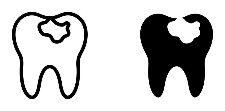 Dental Cavity Icons: Outline and Solid Tooth Decay Symbols, Oral Health and Dentistry Concepts