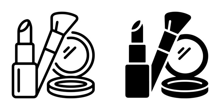 Cosmetic Icons: Lipstick, Makeup Brush, and Compact Mirror Vector Set for Beauty and Fashion Graphics