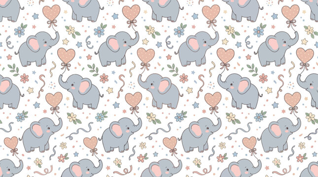 Cute elephant pattern with heart balloons
