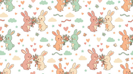 Naklejka premium Cute Bunny Pattern with Flowers and Hearts