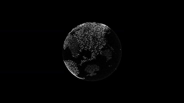 Abstract 4K motion graphics featuring a rotating world globe built from glowing dots with a wireframe grid and subtle particle animation. Ideal for global business, technology, communications, network