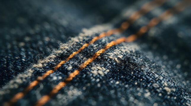 Extreme closeup of dark blue denim fabric with thick orange stitching