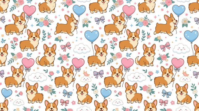 Cute Corgi Dog Pattern with Balloons and Flowers