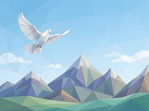 Polygonal white dove in flight over mountains and clouds geometric vector illustration