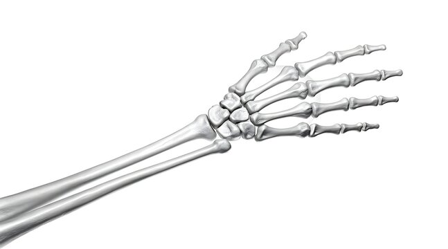 Detailed anatomical illustration of a human hand skeleton on a white background.