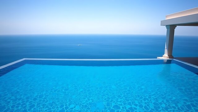 An infinity pool at a resort, water meeting the ocean horizon on a sunny day.