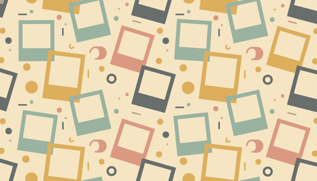 Seamless pattern of vintage polaroid photo frames in pastel pink, yellow, blue, and grey on a cream background.