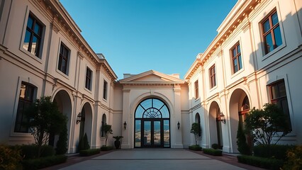 Fototapeta premium Grand entrance of an opulent home with elegant architecture under a clear blue sky.
