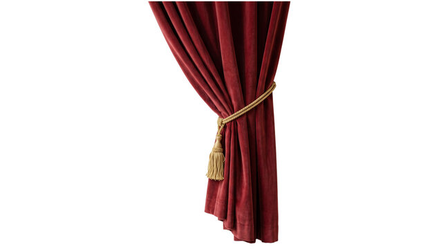 Red velvet curtain tied with gold rope tassel on transparent background, luxury theater stage drapery for performance, elegant decorative fabric for cinema and auditorium