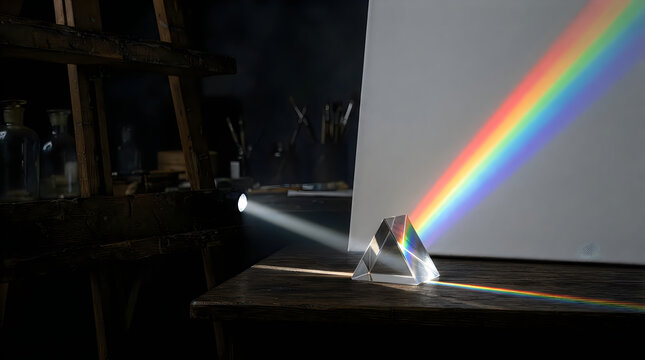 A beam of white light passing through a glass prism to create a vibrant rainbow spectrum on a canvas in a dark artist studio