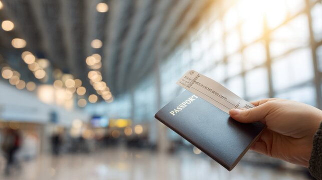 Traveler s hand holding a passport with a boarding pass, bright airport terminal softly blurred in the background, vacation anticipation concept