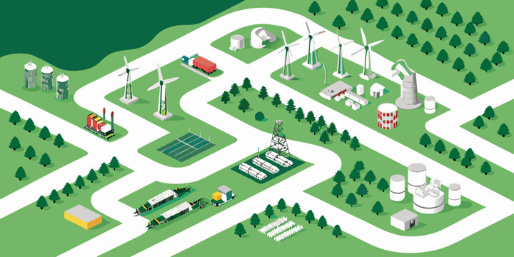 Isometric Industrial Complex With Wind Turbines And Greenery