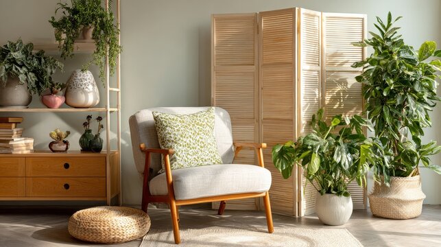 Chic interior design scene with cozy armchair, functional storage drawers, folding partition, and modern houseplants arranged in harmonious balance