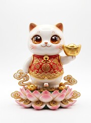 Fototapeta premium A luxury oriental Qilin mascot with chibi proportions and oversized glossy eyes features elegant red and gold scales while standing on lotus flowers with coins