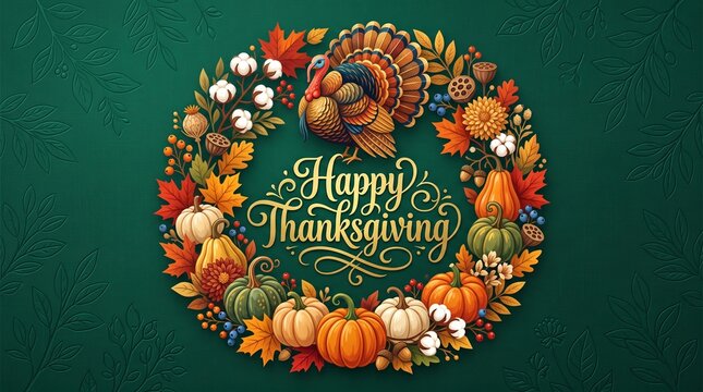 Vibrant Thanksgiving wreath with pumpkins cornucopia and autumn flowers on green background