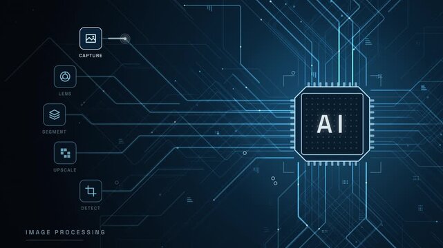 AI processor animation showcasing data flow with finance variation on left and AI brain on right