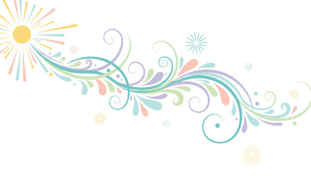 Radiant cartoon sun illustration with colorful swirling rays and whimsical spiral patterns on a white background.