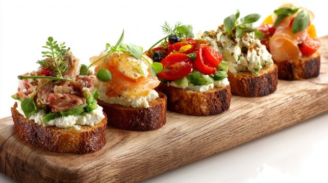 Wooden serving board topped with assorted open canape sandwiches and crostinis, colorful toppings like cheese, vegetables, and herbs, isolated on white