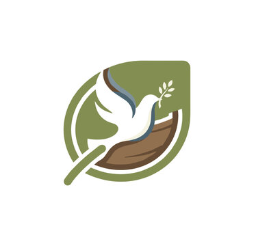 Noah ark vector logo design template featuring white peace dove flying with olive branch inside green leaf for Christian religious concepts.