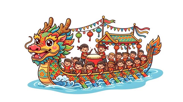 Cute kids rowing dragon boat vecter illustration for dragon festival.