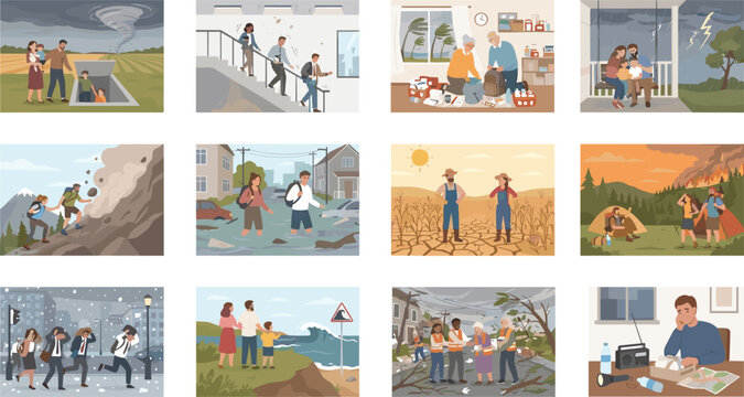 Natural disaster survival vector illustration set showing people dealing with tornado flood earthquake wildfire drought tsunami hurricane evacuation and emergency preparedness concepts.