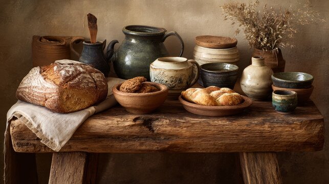 Wooden stool breakfast vignette with earthenware dishes, artisanal bread, and fresh cookies, styled with warm rustic farmhouse charm
