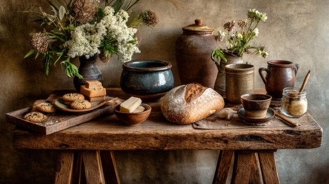 Wooden stool breakfast vignette with earthenware dishes, artisanal bread, and fresh cookies, styled with warm rustic farmhouse charm