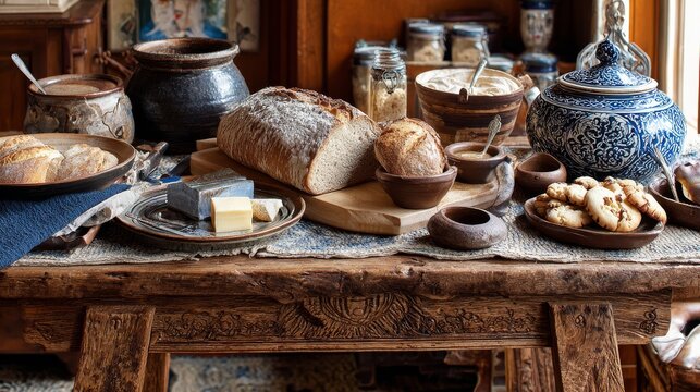 Wooden stool breakfast vignette with earthenware dishes, artisanal bread, and fresh cookies, styled with warm rustic farmhouse charm