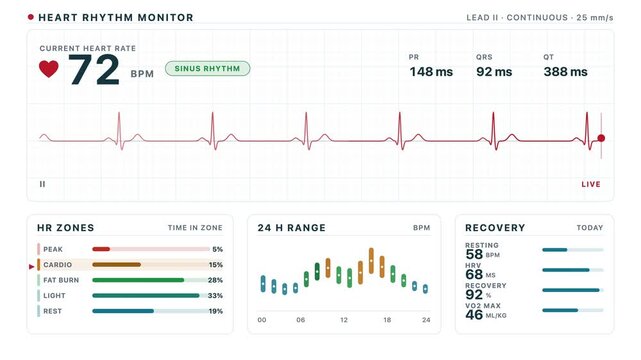Smartwatch UI animation showcasing health monitoring dashboard with flat camera angle and white background