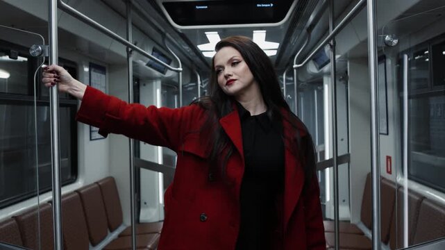 An elegant brunette in a crimson coat riding the metro, city life and street fashion
