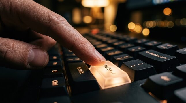 A finger presses an illuminated enter key on a mechanical keyboard. High-tech concept for digital communication and.