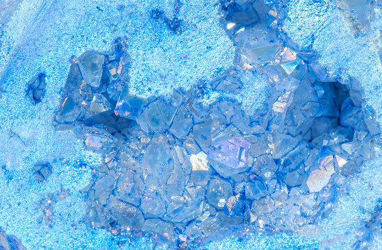Close up macro view of blue crystal textures and formations