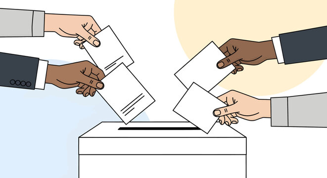 Hands Placing Paper Ballots Into Voting Box Together.