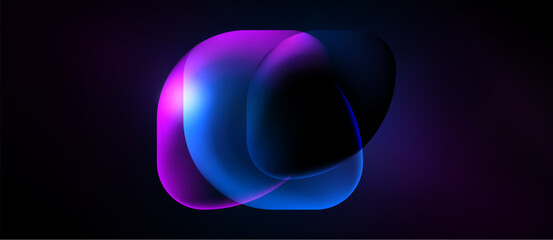 Abstract shapes overlap, creating vibrant blue, purple glow. Dark background emphasizes luminosity, smooth gradients present.