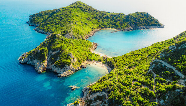 Porto Timoni bay with twin beaches and turquoise waters  and sand beach on Corfu in Greece in Afionas region