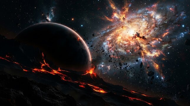Volcanic planet against exploding