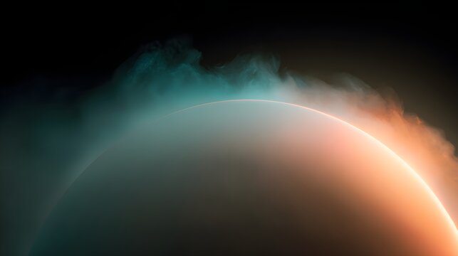 Ethereal glowing aura with soft blue and orange hues in dark space with perfectly round soft atmosphere abstract energy light mist fog