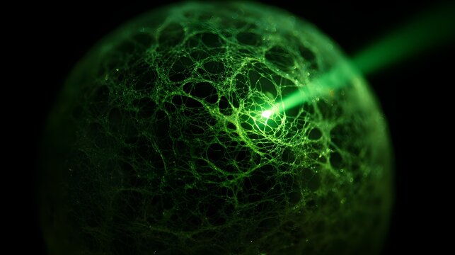Glowing green aerogel sphere with laser light on black background with extreme close glowing light shining against close up technology experiment