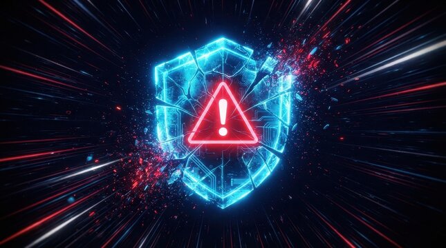 A shattered blue digital shield with an alert icon. Represents cybersecurity threats and data protection breaches.