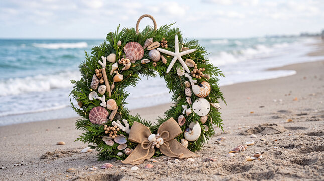 Coastal seashell christmas wreath with starfish, sand dollars and burlap bow on the beach for holiday decor and seaside background display