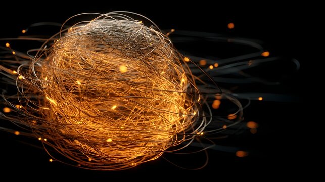 Glowing orb of swirling heated wires on black background with created chaotic tangle depicts glowing electricity technology abstract science