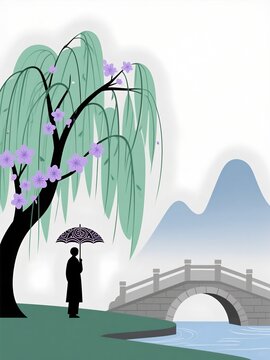 Poetic flat vector illustration of Qingming Pure Brightness with weeping willow, traveler with umbrella, and stone bridge.