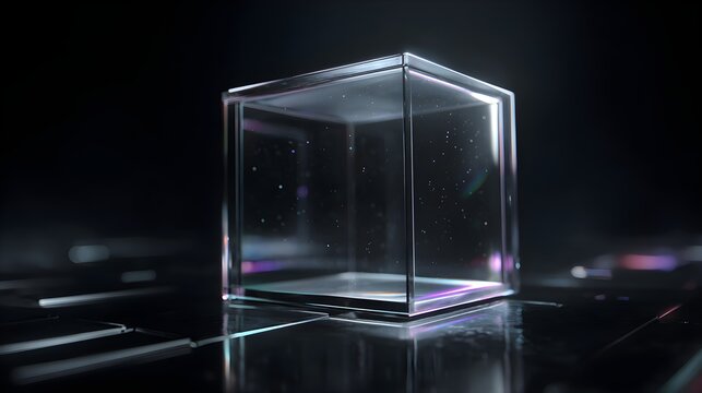 Glowing transparent cube on dark reflective surface with neon lights with technology innovation futuristic abstract science fiction design with visual