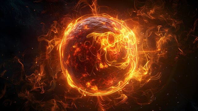 Vibrant glowing orb of liquid fire in dark space with depicts intensely glowing against dark background glowing sphere incandescent temperature